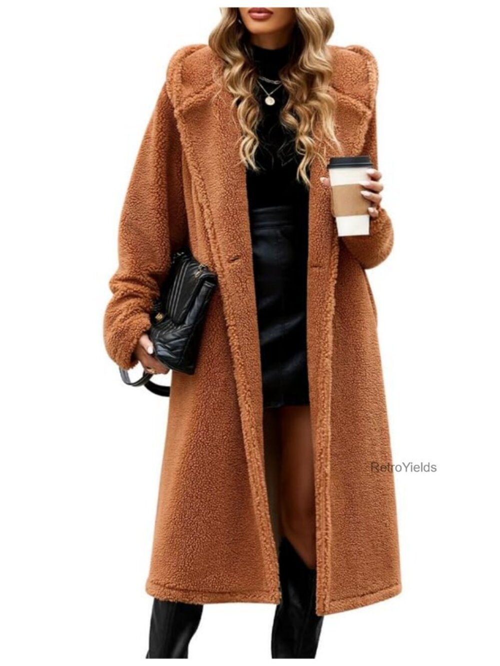 Faux Fur Fleece Hooded Cardigan Coat Long Warm Fall Winter Outwear